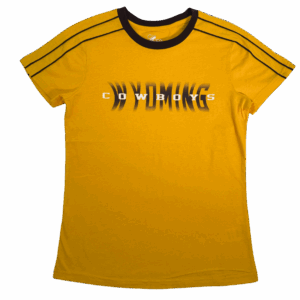 women's gold tee with design center chest. design is gradient brown wyoming lettering with white cowboys brought to front. has brown collar and two brown stripes over shoulder