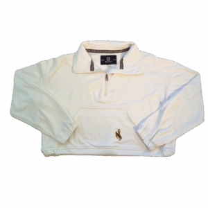 white cropped 1/4 zip with oversized pocket on front. has brown embroidered bucking horse on left side of pocket