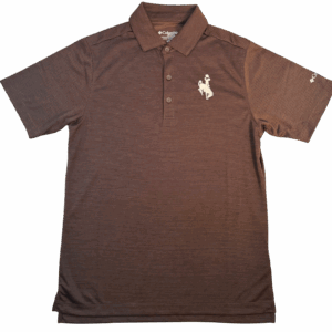 brown columbia polo with white bucking horse embroidered on left chest. has a three button placket and collar