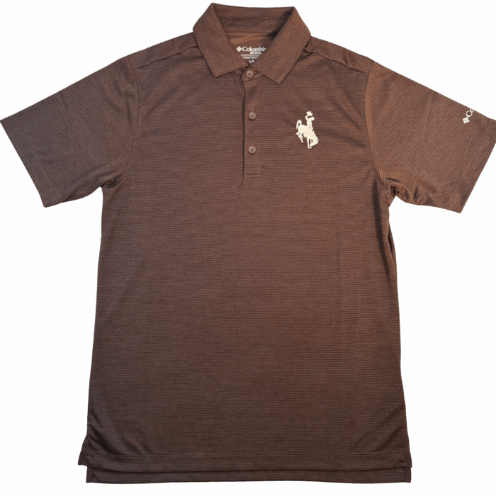 brown columbia polo with white bucking horse embroidered on left chest. has a three button placket and collar
