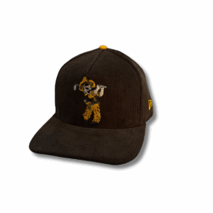 brown adjustable corduroy hat with golfing pistol pete embroidered on the front panel in gold white and brown