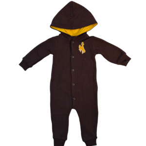 front of brown infant flannel onesie. full body and has buttons from top to bottom. has gold embroidered bucking horse on left chest. inside of hood is gold