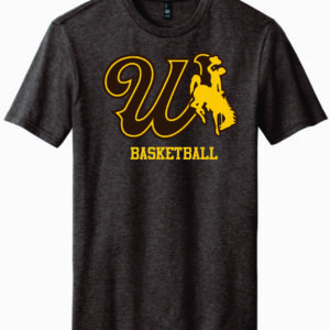brown short sleeve with design center chest. design is brown W in brown with gold bucking horse to the left. has gold basketball lettering below