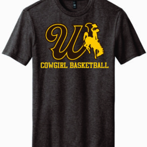 brown short sleeve with design center chest. design is brown W in brown with gold bucking horse to the left. has gold cowgirl basketball lettering below