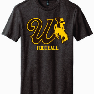 brown short sleeve with design center chest. design is brown W in brown with gold bucking horse to the left. has gold football lettering below