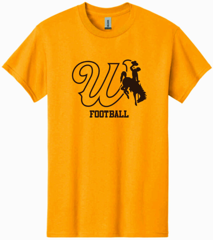 gold tee shirt with design center chest. design is cursive w with bucking horse to the left. has football lettering centered below