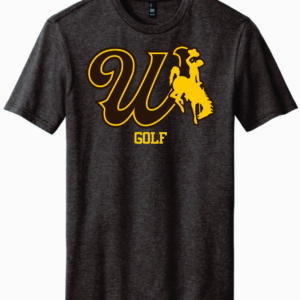 brown short sleeve with design center chest. design is brown W in brown with gold bucking horse to the left. has gold golf lettering below