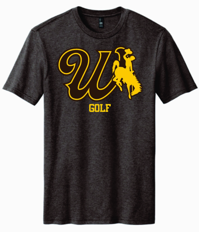 brown short sleeve with design center chest. design is brown W in brown with gold bucking horse to the left. has gold golf lettering below