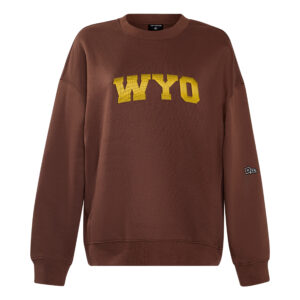 brown women's oversized crewneck with gold design center chest. design is embroidered wyo letters