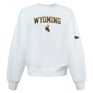 white crewneck with wyoming lettering in brown and bucking horse below all outlined in gold. all center chest. has black hype and vice logo on left sleeve around the elbow