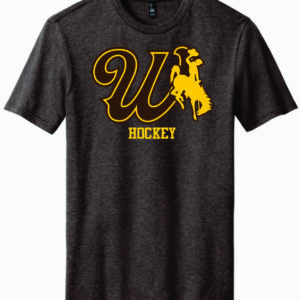 brown short sleeve with design center chest. design is brown W in brown with gold bucking horse to the left. has gold hockey lettering below