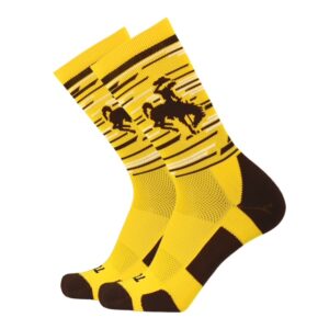 gold pair of high socks with brown sole, toe and heel. has white and brown stripes above ankle as design and has a brown bucking horse on inside and outside of ankle