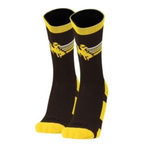 brown high socks with gold sole, toe, and heel. has gold line on top. gold and white lines above ankle with gold bucking horse in the middle on the front of leg