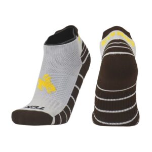 grey heel socks with brown bottom and toe. has gold bucking horse on top of foot as well as black tck lettering on toes