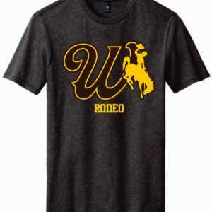 brown short sleeve with design center chest. design is brown W in brown with gold bucking horse to the left. has gold rodeo lettering below