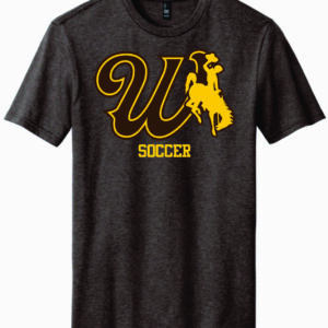 brown short sleeve with design center chest. design is brown W in brown with gold bucking horse to the left. has gold soccer lettering below