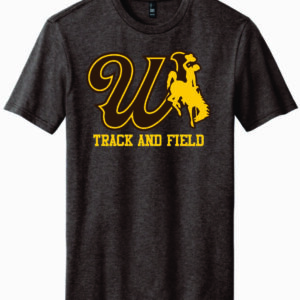 brown short sleeve with design center chest. design is brown W in brown with gold bucking horse to the left. has gold track and field lettering below