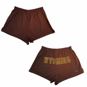 brown shorts with outlined wyoming lettering in gold on back. picture has blank front and design on back