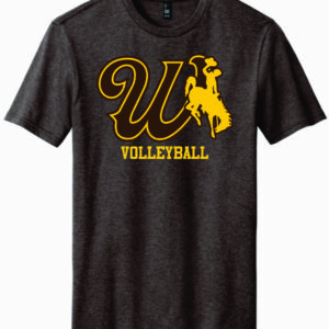 brown short sleeve with design center chest. design is brown W in brown with gold bucking horse to the left. has gold volleyball lettering below