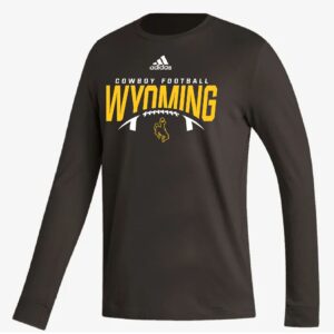 brown adidas long sleeve. design center chest. design is white adidas logo above cowboy football lettering. gold arched wyoming lettering below, white outline of football and bucking horse below
