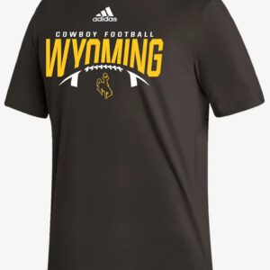 brown adidas short sleeve. design center chest. design is white adidas logo above cowboy football lettering. gold arched wyoming lettering below, white outline of football and bucking horse below