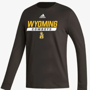 brown adidas long sleeve. design center chest. design is white adidas logo above gold wyoming lettering above cowboys outlined in white and pistol pete below