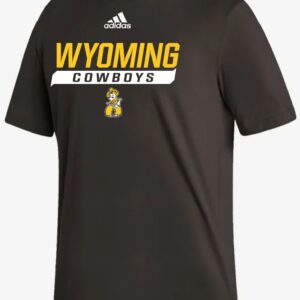 brown adidas short sleeve. design center chest. design is white adidas logo above gold wyoming lettering above cowboys outlined in white and pistol pete below