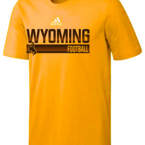 gold adidas short sleeve. has design center chest. design is white adidas logo above brown gradient wyoming lettering with football below and bucking horse to the left of that