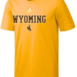 gold adidas short sleeve. design center chest. design is white adidas logo with brown wyoming lettering outlined in white below and bucking horse below that