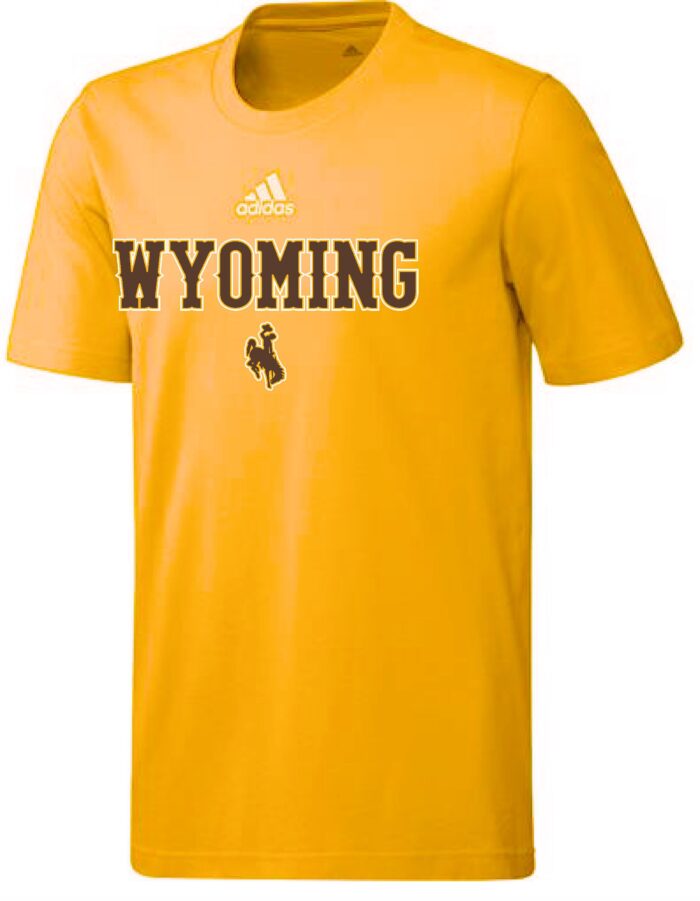 gold adidas short sleeve. design center chest. design is white adidas logo with brown wyoming lettering outlined in white below and bucking horse below that