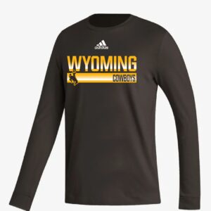 brown adidas long sleeve. has design center chest. design is white adidas logo above gold gradient wyoming lettering with football below and bucking horse to the left of that