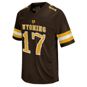 brown youth sized football jersey. Word Wyoming and number 17 on front in gold with white outline