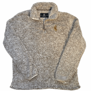 brown and white fluffy 1/4 zip jacket with brown embroidered bucking horse on left chest. has zipper