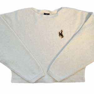 women's cream sweater with brown bucking horse with gold outline embroidered on left chest