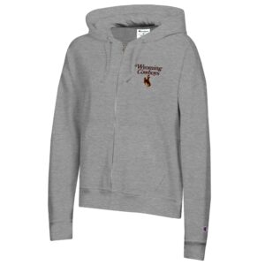 grey women's full zip jacket with hood. has small left chest design. design is script wyoming cowboys in brown with brown bucking horse below with gold outline