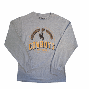 grey long sleeve tee with circle design center chest. circle has university of wyoming lettering arched inside with bucking horse and cowboys lettering below. est 11886 at bottom