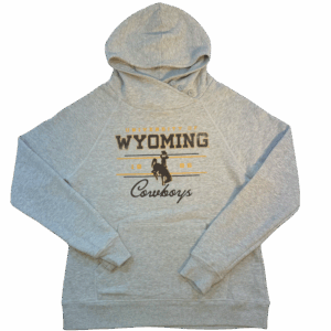 oatmeal women's hooded sweatshirt. has three grey buttons on left side of neck. university of wyoming bucking horse cowboys design center chest in gold and brown