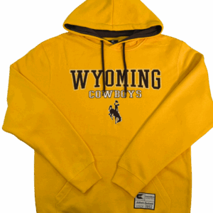 gold hooded sweatshirt with embroidered logo center chest. logo is brown wyoming lettering with white cowboys lettering below. has brown bucking horse below all