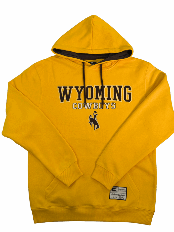 gold hooded sweatshirt with embroidered logo center chest. logo is brown wyoming lettering with white cowboys lettering below. has brown bucking horse below all