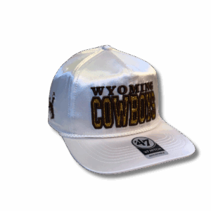 white women's hat with wyoming cowboys embroidered on front in brown,. cowboys has gold sparkle fill. white rope across bill and brown bucking horse on right side