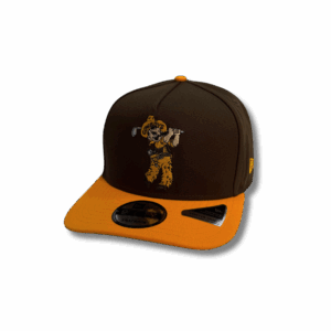 brown adjustable hat with gold bill. has embroidered pistol pete in white brown and gold on the front panel