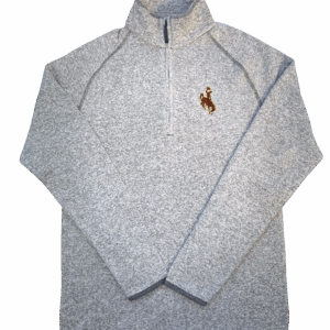 grey speckled quarter zip with zipper. has high neck. has brown bucking horse embroidered on left chest with gold outline