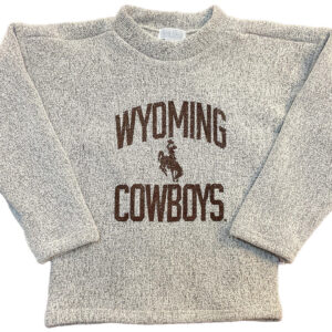 youth granite nanticket fleece crewneck. has design center chest. design is brown wyoming with bucking horse below and cowboys below that