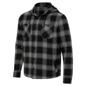 grey and black plaid fleece jacket with pocket on both sides of the chest. has a grey bucking horse above left pockets. has a hood and buttons all the way down the front