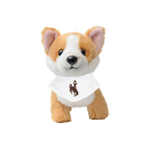 light brown and white stuffed corgi dog. has white bandana across neck with brown bucking horse on it