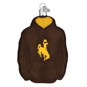 gladd ornament in the shape of a sweatshirt. has brown sweatshirt with gold bucking horse. top of ornament has spot for hanger
