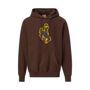 brown hooded sweatshirt with bucking horse center chest. bucking horse is brown chenille with gold outline