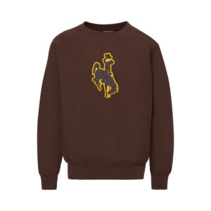 brown crew neck with bucking horse center chest. bucking horse is brown chenille with gold outline