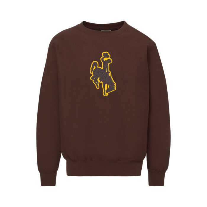 brown crew neck with bucking horse center chest. bucking horse is brown chenille with gold outline