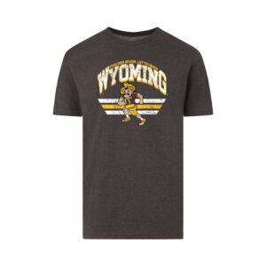 charcoal tee with design center chest. design is arched wyoming in white with "powder river, let'er buck" letters on top. pistol pete running with football below in front of white and gold lines